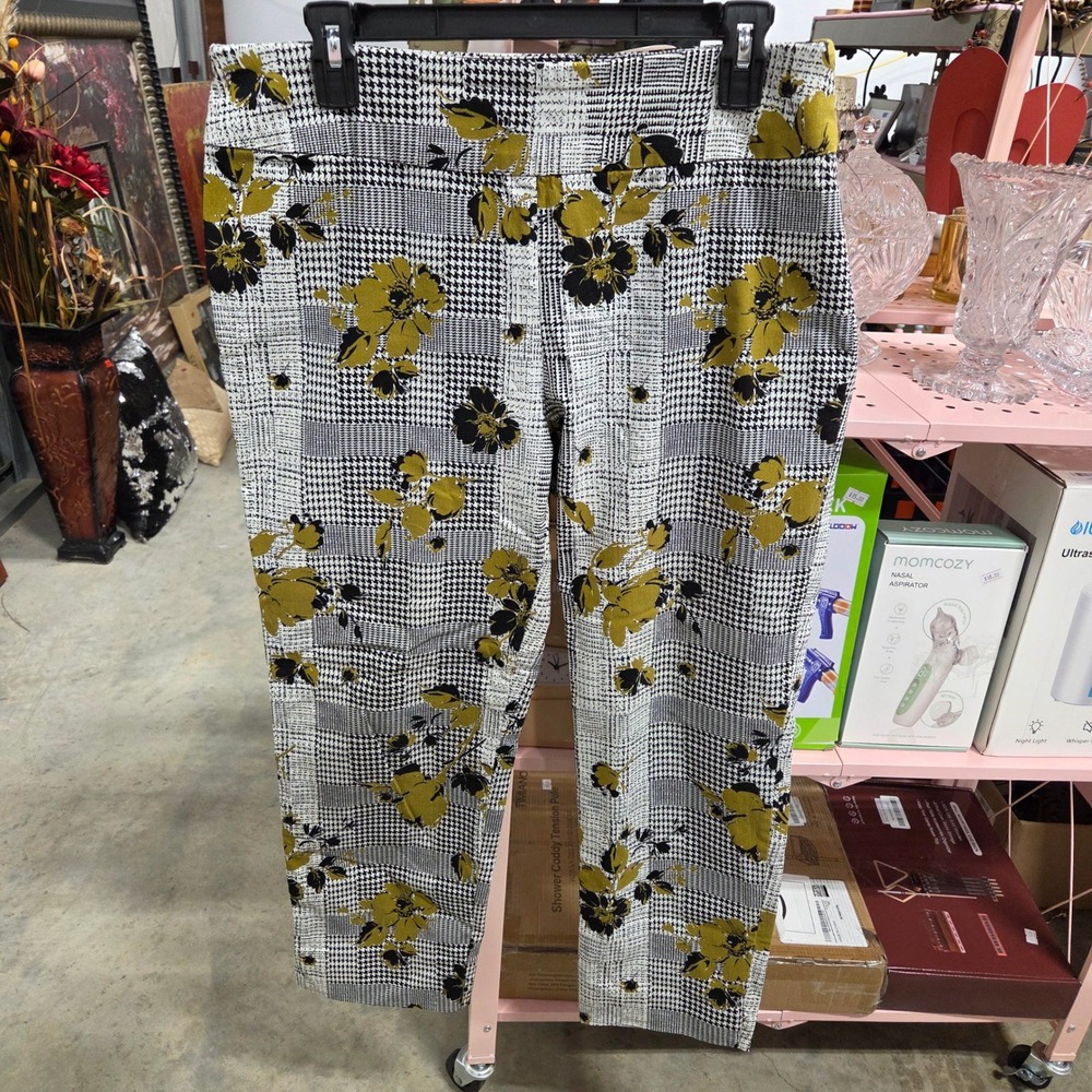 Zac & Rachel Petite Women's Pants Black White Houndstooth Yellow Floral Size 14P